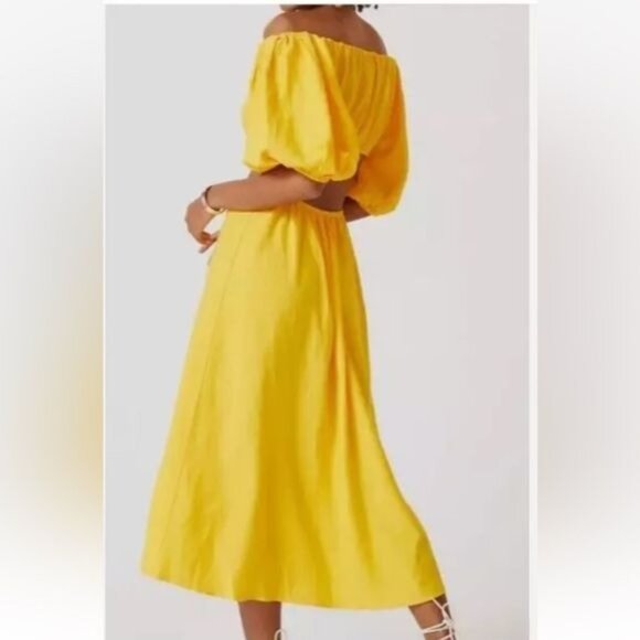 FARM RIO OFF THE SHOULDER KNOTTED CUTOUT MARIGOLD YELLOW MIDI DRESS MEDIUM - Picture 13 of 14